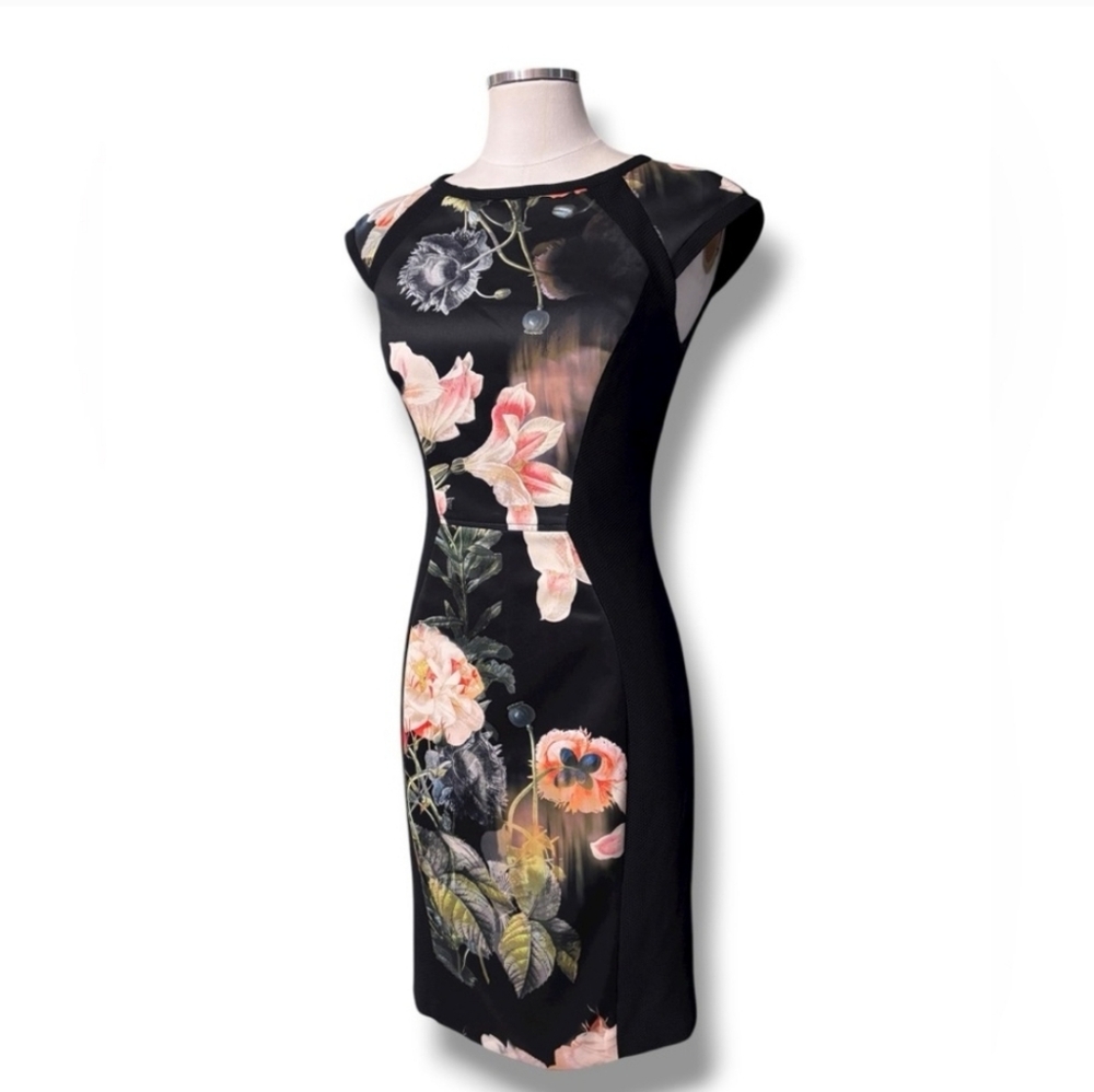 TED BAKER Opulent Blooms Caitee Black Floral Panel Cocktail Dress Ted Sz 1/US 4
